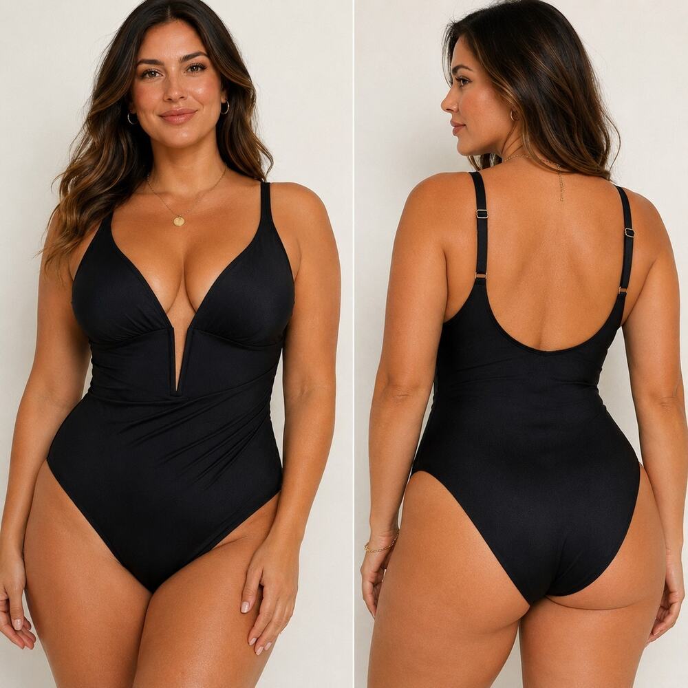 Bar III Plunge V-Wire One Piece Swimsuit Womens XL Black MBCS22206 $88